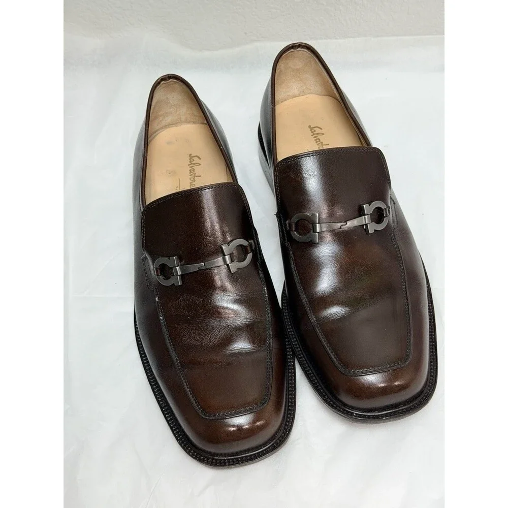 Salvatore Ferragamo Studio Gancini Brown Leather Loafers Men’s 8.5 2E Italy